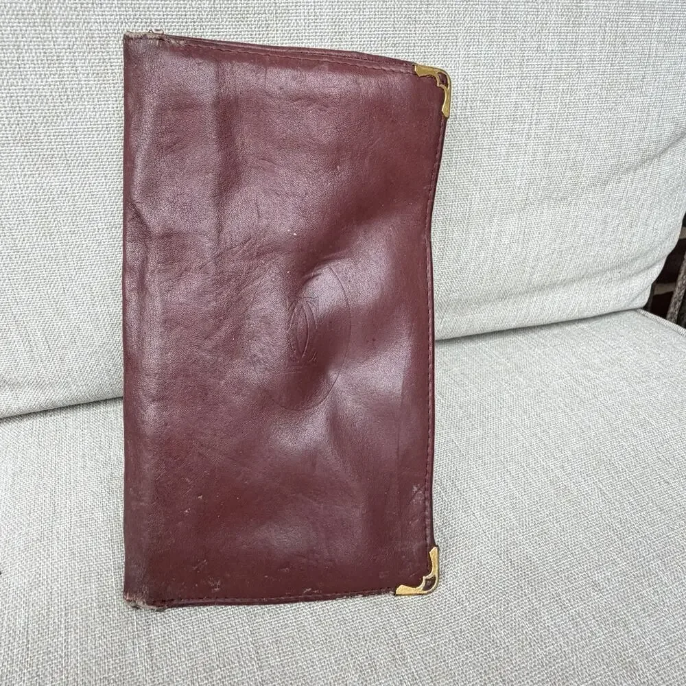 Cartier Vintage Must de Cartier Burgundy Leather Bifold Wallet Gold Corners 4x7